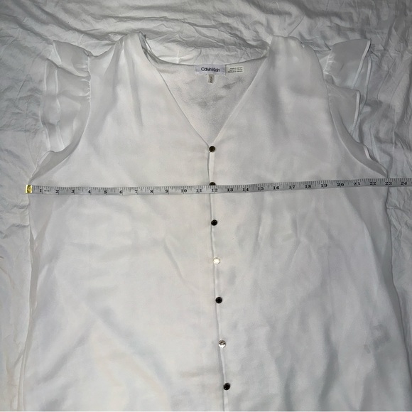 Calvin Klein | V Neck Button Down Short Cap Ruffle Sleeves Sheer Lined Blouse - Picture 10 of 11